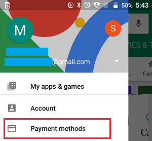 Payment Methods Option in Google Play Store