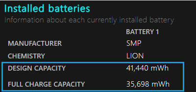 Capacidad de la batería en el informe de batería de Windows