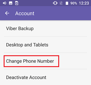 Change Phone Number Option in Viber Settings on Android Phone