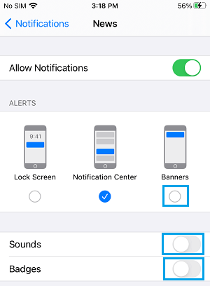 Disable Banner, Badge and Sound Notifications on iPhone