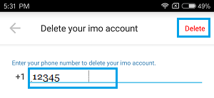Enter Phone Number to Delete imo Account on Android Phone