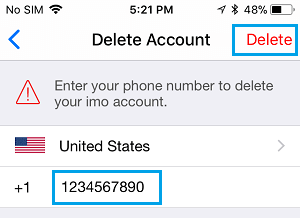 Enter Phone Number to Delete imo Account on iPhone