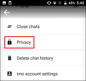 imo Privacy Tab on Android Phone