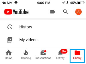 Library Option on YouTube On iPhone