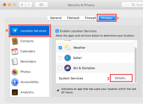 Location Services Settings Option in Privacy Screen on Mac