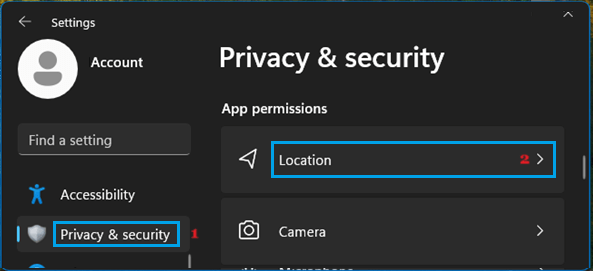 Location Services Settings Tab in Windows