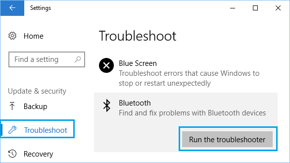 Run the Bluetooth Troubleshooter option in Windows 10