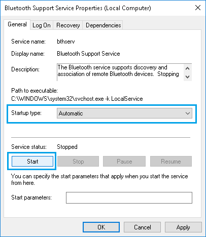 Start Bluetooth Support Service in Windows 10