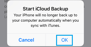 Start iCloud Backup Pop-up on iPhone