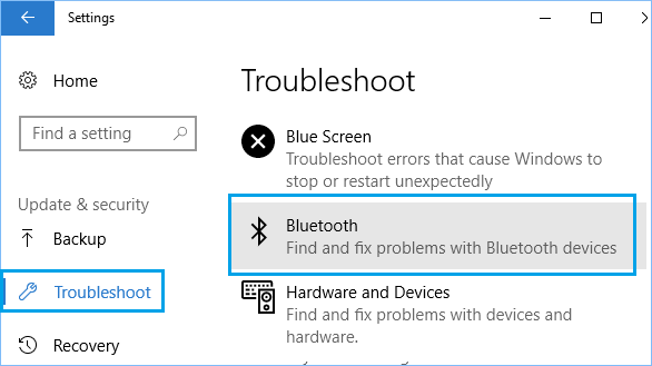 Troubleshoot Bluetooth Option in Windows 10