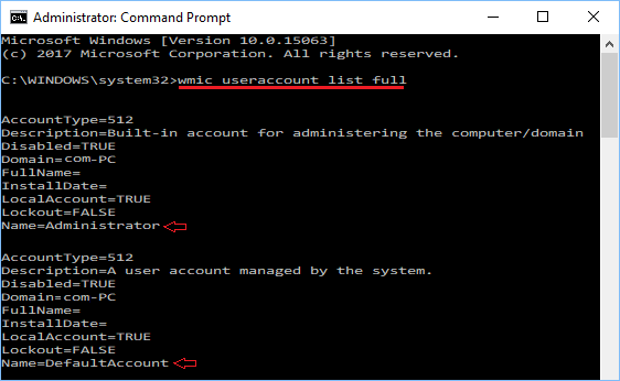 wmic useraccount list full Command in Windows 10