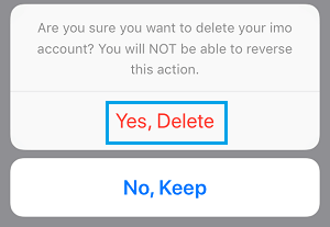 Yes Delete imo Account pop-up on iPhone