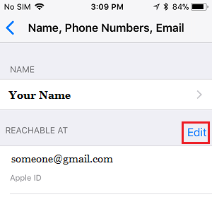 Edit Email Option on iPhone