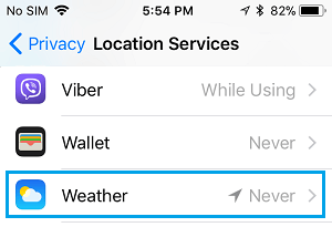 Location Services Settings Option For Weather App on iPhone