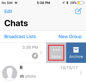 More Option in WhatsApp Chats screen on iPhone