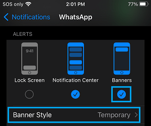 Banner Style Notifications Settings Option on iPhone