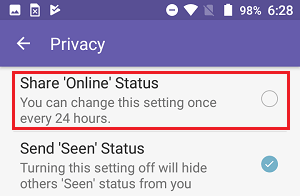 Share Online Status Option in Viber on Android Phone