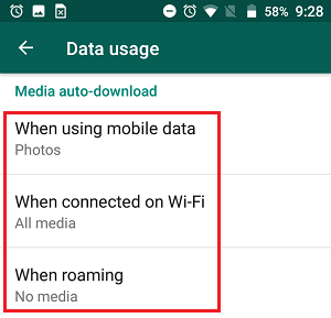 WhatsApp Media Auto-Download Options on Android Phone