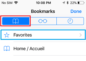 Bookmark Tab and Favorites option in Safari Browser on iPhone