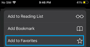 Add to Favorites option in Safari Browser on iPhone