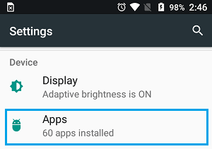 Apps Option in Settings Screen on Android Phone