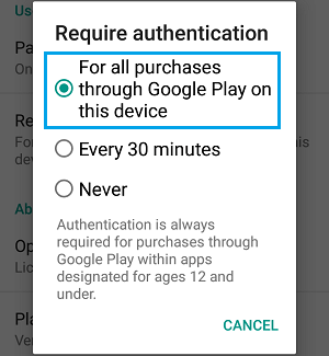 Require Authentication For Purchases Settings Screen in Google Play Store on Android