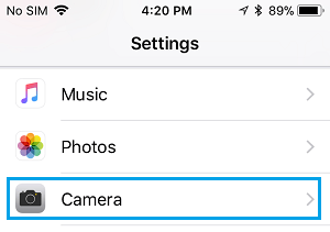 Camera Option on iPhone Settings Screen