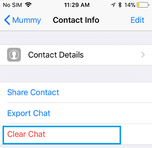 Clear Chat Option in WhatsApp on iPhone