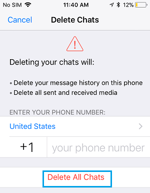 Delete All Chats Screen on iPhone