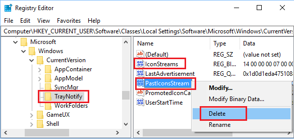 Delete IconStreams and PastIconsStream Registry Keys in Windows 10