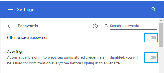 Disable Chrome Auto Sign-in and Save Passwords