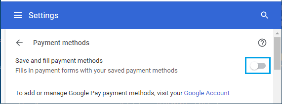 Disable Save and Fill Payments Methods Option in Chrome