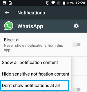 Don't Show WhatsApp Notifications At All Option on Android Phone