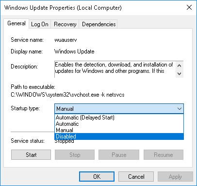 Nonaktifkan peluncuran Pembaruan Windows di Windows 10