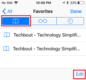 Edit Option in Safari Favorites Screen on iPhone 