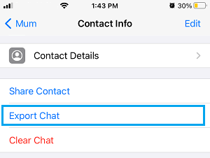 Export Chat Option in WhatsApp iPhone