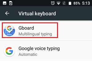 Gboard Tab in Virtual Keyboard Settings Screen on Android