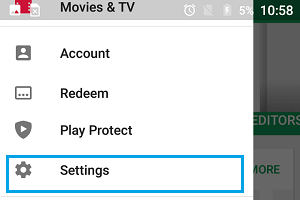 Settings option in Google Play Store on Android