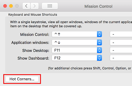 Hot Corners Option on Mac Mission Control Settings Screen