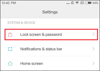 Lock Screen & Password Tab on Xiaomi Phone