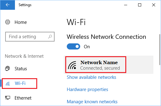 Nama jaringan nirkabel di halaman pengaturan WiFi Windows 10