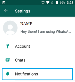 Notifications Option on WhatsApp Settings Screen on Android Phone