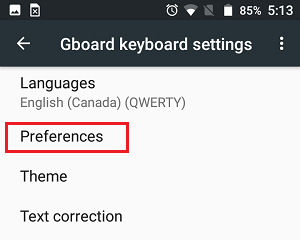 Preferences Tab in Gboard Settings Screen on Android Phone