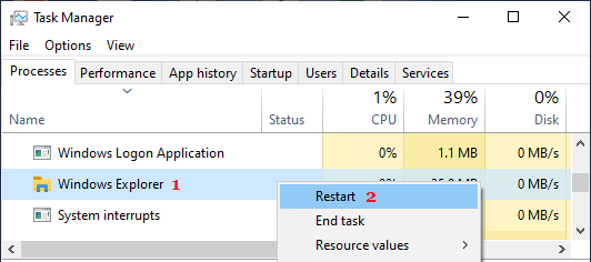Restart Windows Explorer Service Using Task Manager
