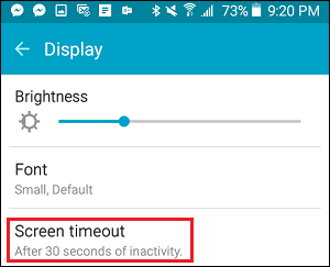 Screen Timeout Tab in Settings on Samsung Phone