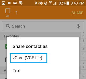 Share Contact Using vCard (VCF File) option on Samsung Galaxy Phone