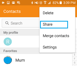 Share Contacts Option on Samsung Galaxy Phone