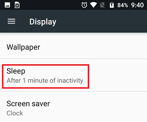 Sleep Tab in Settings on Android Phone