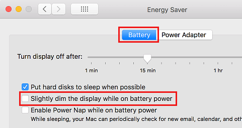 Slightly Dim the Display While on Battery Power Option on Mac