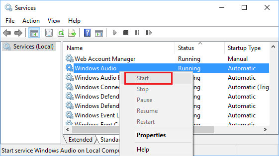 Start Windows Audio Service in Windows 10